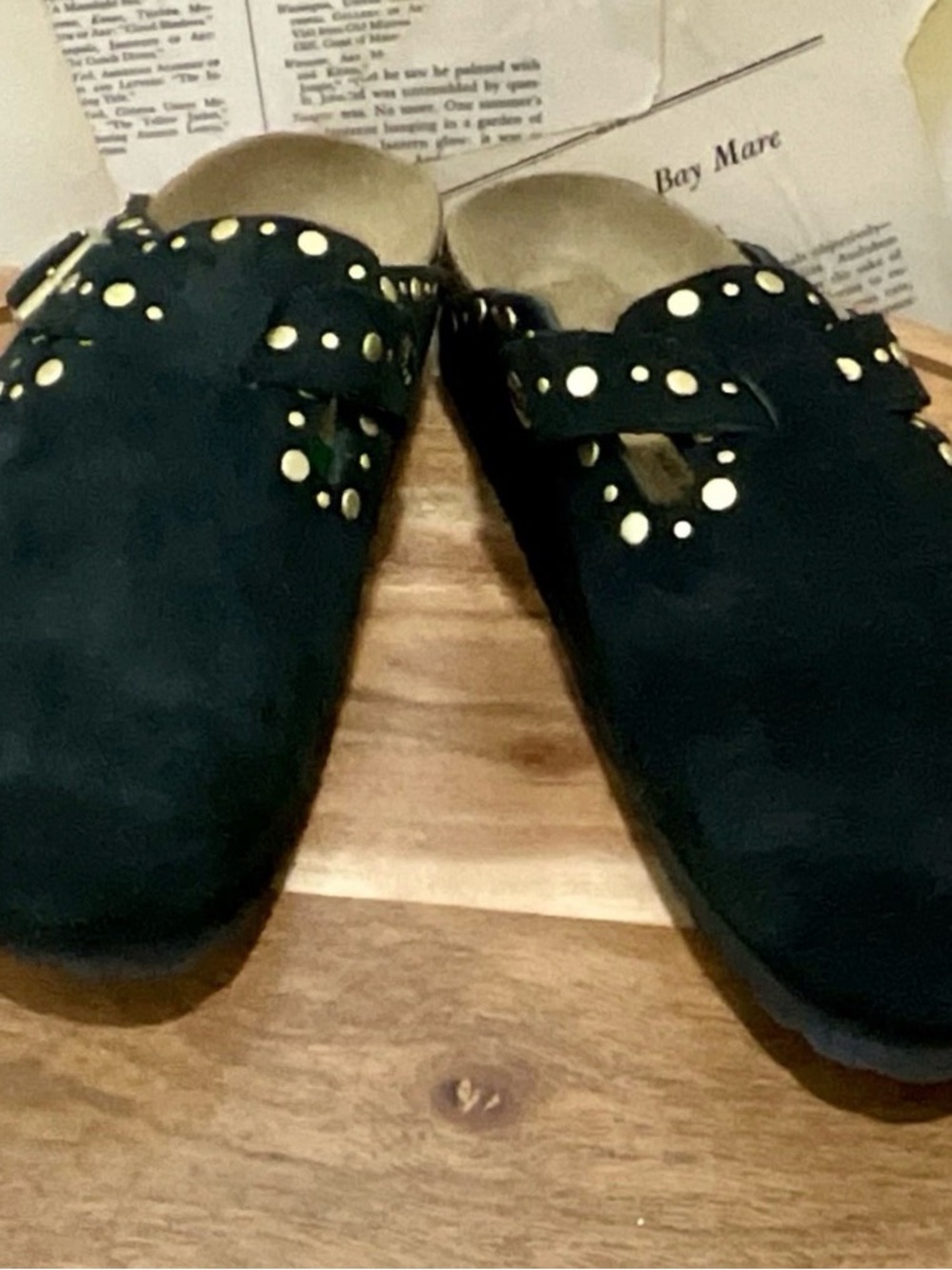 Free People Birkenstock Boston Rivets Clog Black Suede Brass Matte Studs - Picture 6 of 9